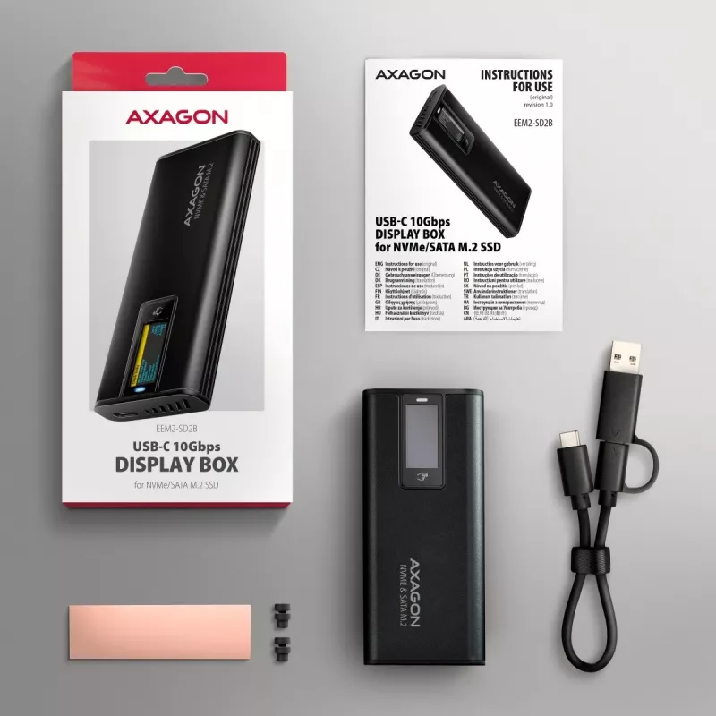 AXAGON EEM2-SD2B ulkoinen kotelo 10Gbps M.2 NVMe/SATA SSD LED-näytöllä, USB-C, musta