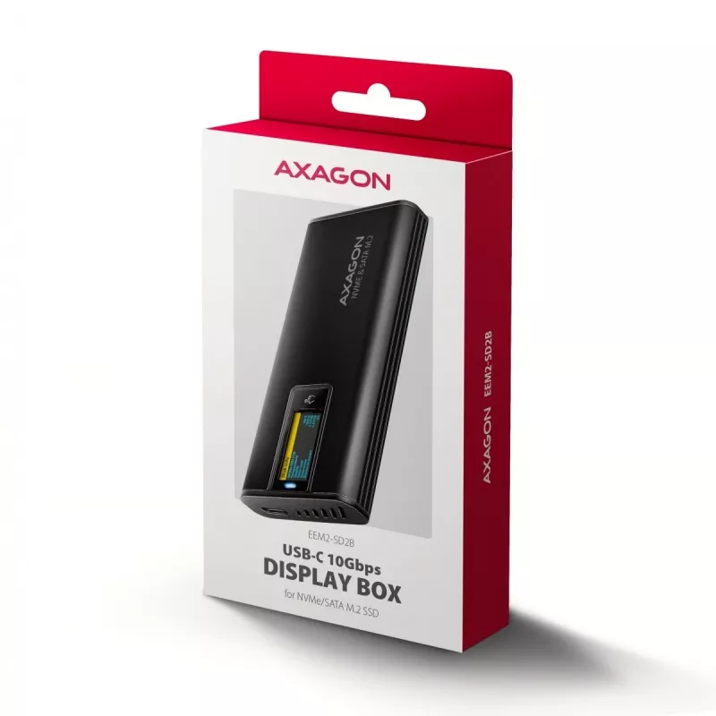 AXAGON EEM2-SD2B ulkoinen kotelo 10Gbps M.2 NVMe/SATA SSD LED-näytöllä, USB-C, musta
