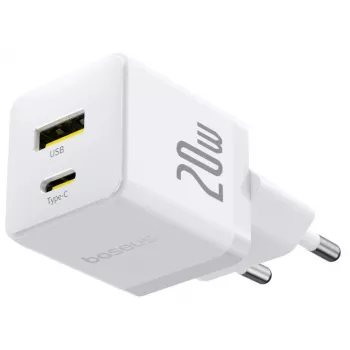 Baseus Palm 20W USB-C + USB-A seinälaturi, valkoinen