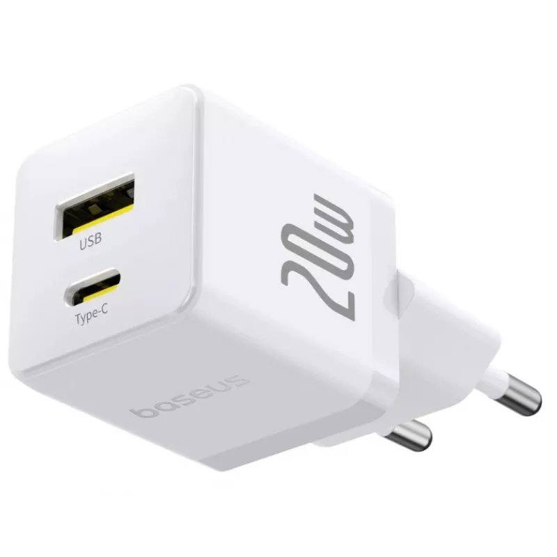 Baseus Palm 20W USB-C + USB-A seinälaturi, valkoinen