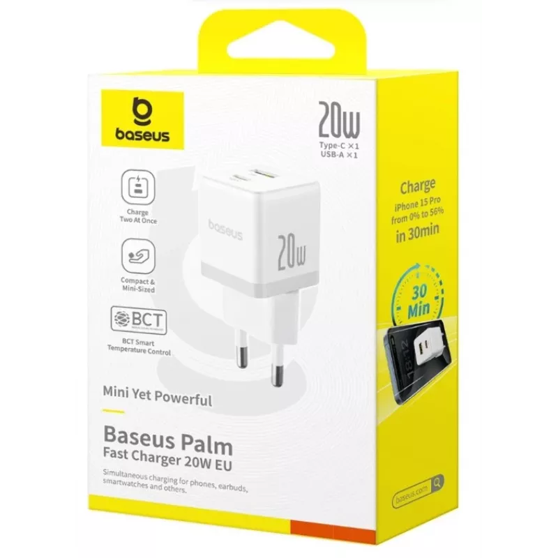 Baseus Palm 20W USB-C + USB-A seinälaturi, valkoinen