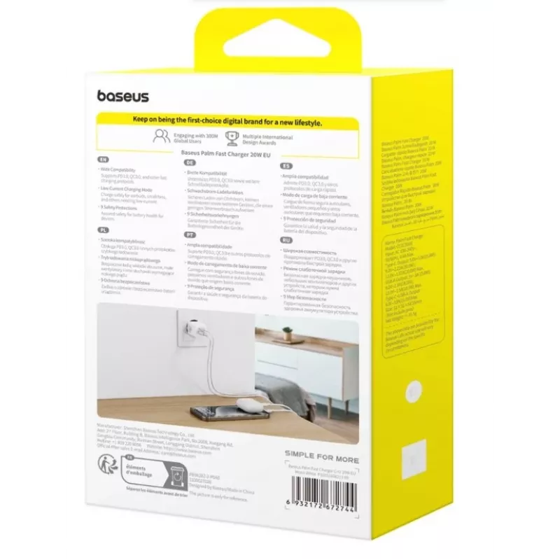 Baseus Palm 20W USB-C + USB-A seinälaturi, valkoinen
