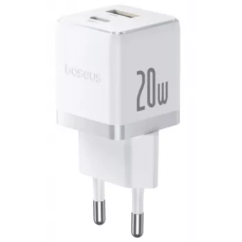 Baseus Palm 20W USB-C + USB-A seinälaturi, valkoinen