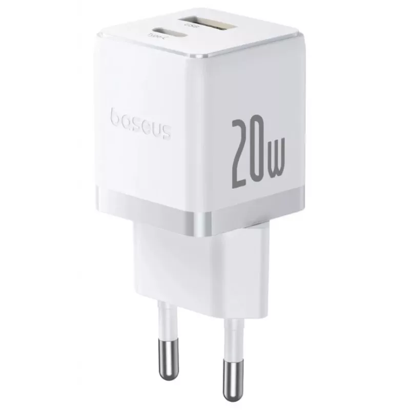 Baseus Palm 20W USB-C + USB-A seinälaturi, valkoinen
