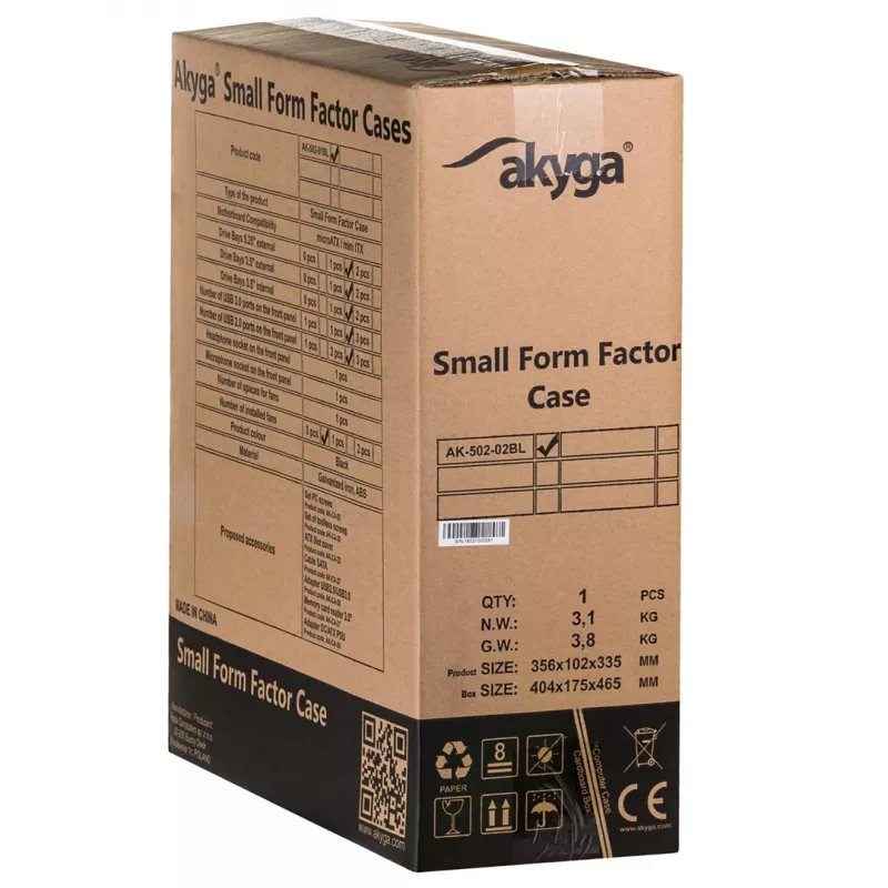 Akyga AK-502-02BK SFF-PC-kotelo, Micro-ATX / Mini-ITX, 2x USB 3.0, ilman virtalähdettä, musta