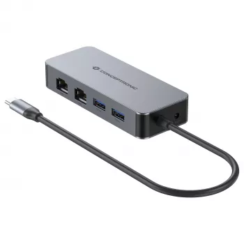 CONCEPTRONIC USB-C - 2x Gigabit Ethernet + 2x USB-A 3.2 Gen 1 -sovitin, 0,3m, harmaa