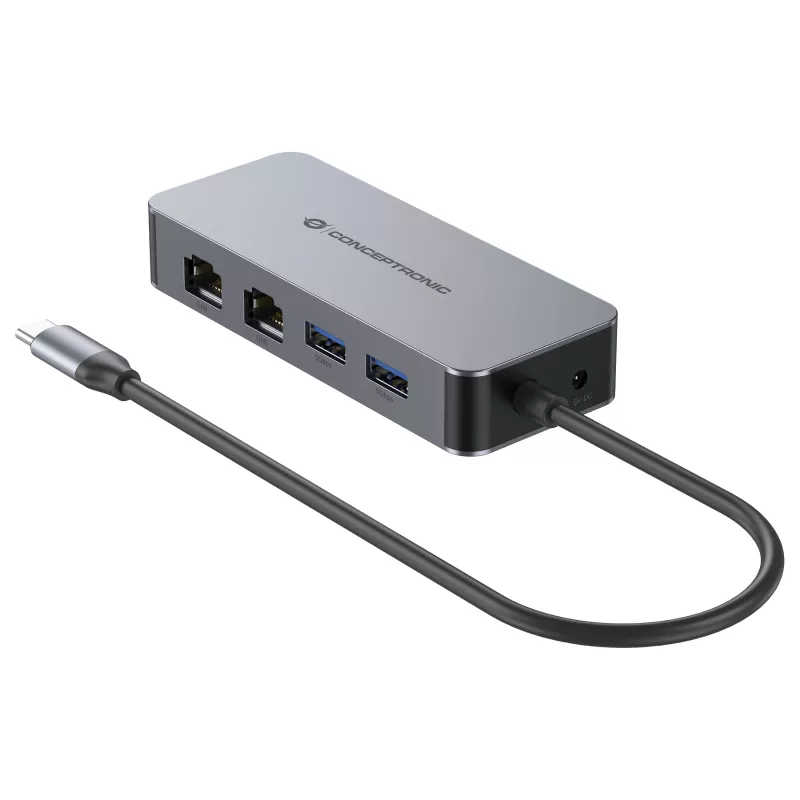 CONCEPTRONIC USB-C - 2x Gigabit Ethernet + 2x USB-A 3.2 Gen 1 -sovitin, 0,3m, harmaa