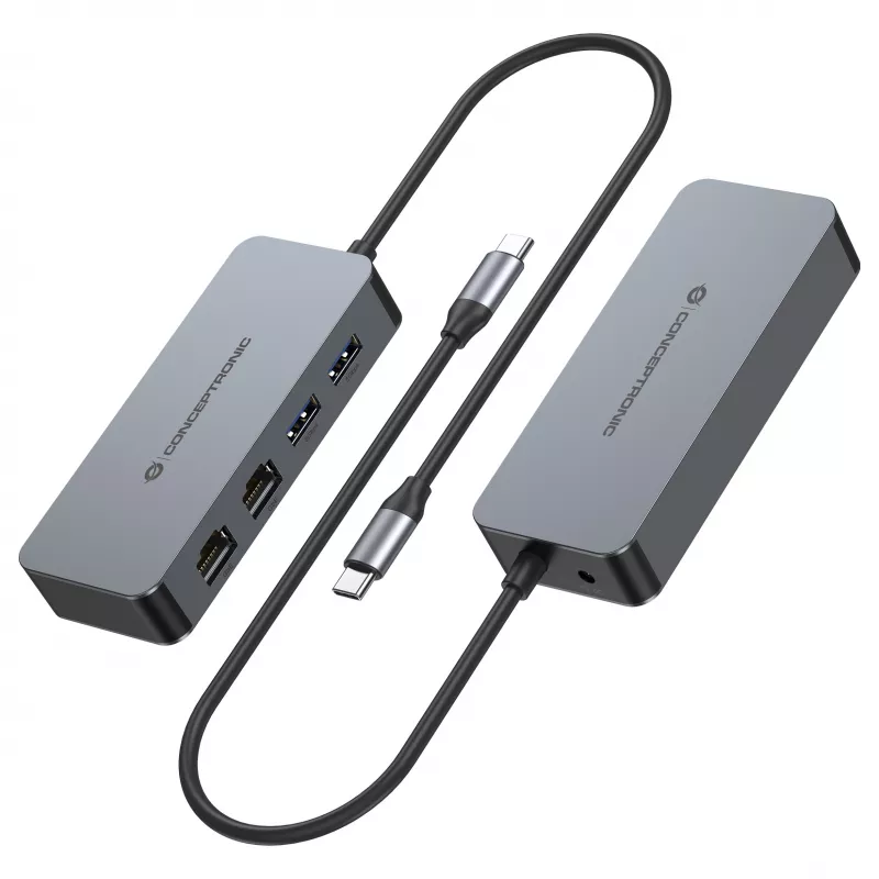 CONCEPTRONIC USB-C - 2x Gigabit Ethernet + 2x USB-A 3.2 Gen 1 -sovitin, 0,3m, harmaa