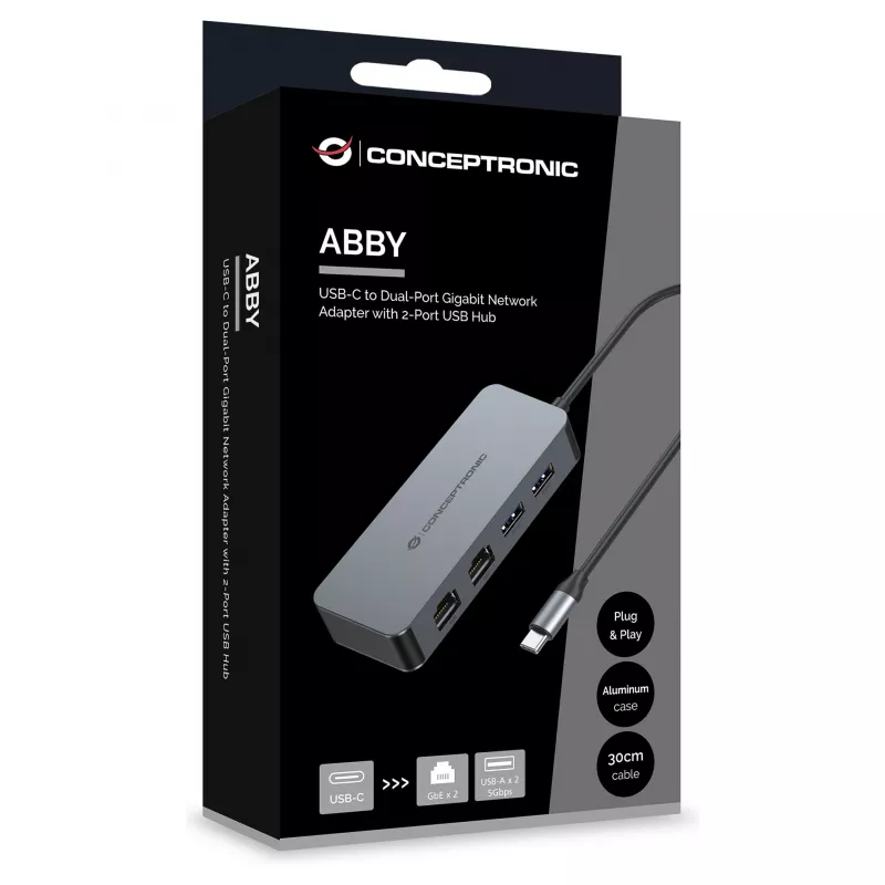 CONCEPTRONIC USB-C - 2x Gigabit Ethernet + 2x USB-A 3.2 Gen 1 -sovitin, 0,3m, harmaa