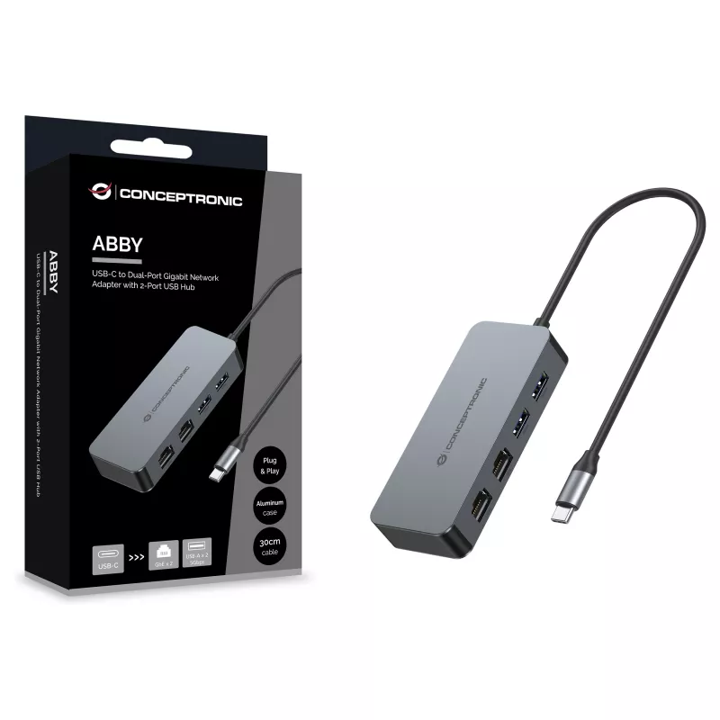 CONCEPTRONIC USB-C - 2x Gigabit Ethernet + 2x USB-A 3.2 Gen 1 -sovitin, 0,3m, harmaa