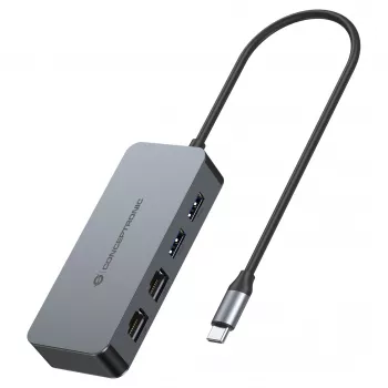 CONCEPTRONIC USB-C - 2x Gigabit Ethernet + 2x USB-A 3.2 Gen 1 -sovitin, 0,3m, harmaa