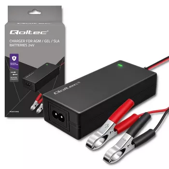 Qoltec 52665 automaattinen akkulaturi AGM GEL STD akuille, 24V 2A 48W, LED-näyttö, 1,8m kaapeli