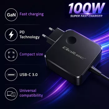 Qoltec 100W GaN USB-C PD -laturi 5-20V 3-5A musta