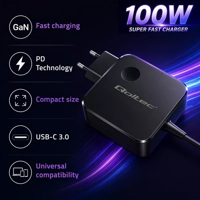 Qoltec 100W GaN USB-C PD -laturi 5-20V 3-5A musta