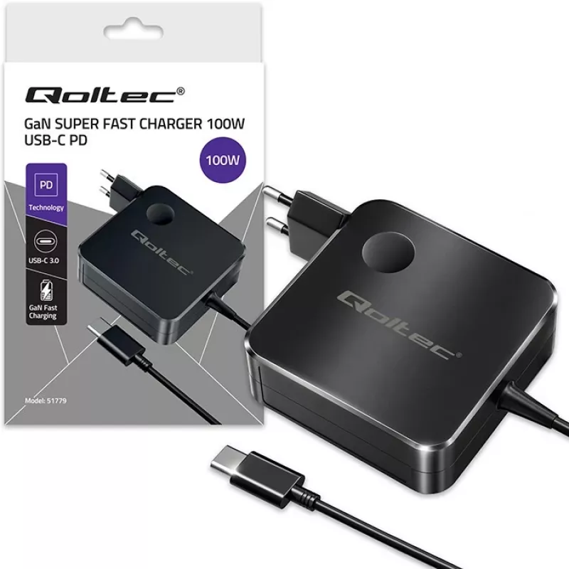 Qoltec 100W GaN USB-C PD -laturi 5-20V 3-5A musta