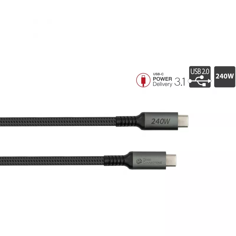 GoodConnections USB-C 2.0 (ST-ST) 3m -liitäntäkaapeli tekstiilipäällysteellä 240W antrasiitti