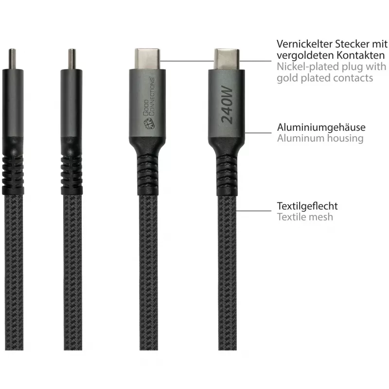 GoodConnections USB-C 2.0 (ST-ST) 3m -liitäntäkaapeli tekstiilipäällysteellä 240W antrasiitti