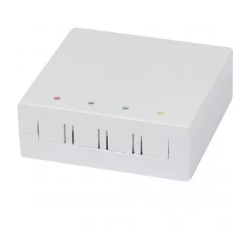 Synergy21 FTTH-seinäkotelo 4 SC-simplex- tai LC-duplex-liittimelle, 80x80mm kaapelinohjaimella, DIN-kisko-/seinäasennus, kutistesuoja, valkoinen