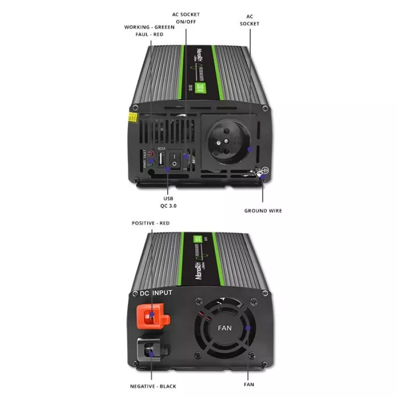 Qoltec Monolith 2000 MS Wave jännitemuunnin 12V - 230V 1000/2000W USB