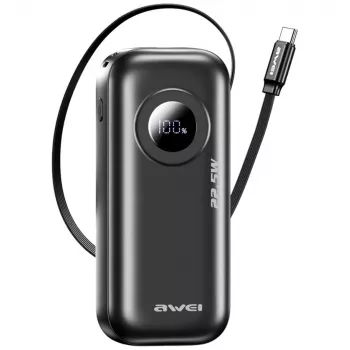 AWEI PowerBank PA-9 10000mAh 22,5W sisäänvedettävällä kaapelilla musta