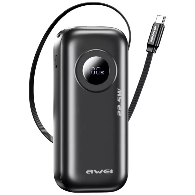 AWEI PowerBank PA-9 10000mAh 22,5W sisäänvedettävällä kaapelilla musta