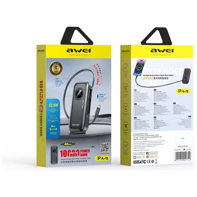 AWEI PowerBank PA-9 10000mAh 22,5W sisäänvedettävällä kaapelilla musta