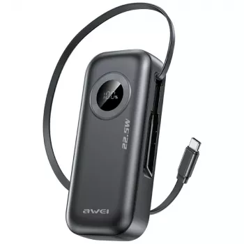 AWEI PowerBank PA-9 10000mAh 22,5W sisäänvedettävällä kaapelilla musta