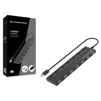 Conceptronic 7-porttinen USB 2.0 -keskitin verkkolaitteella - musta (HUBBIES08BP)