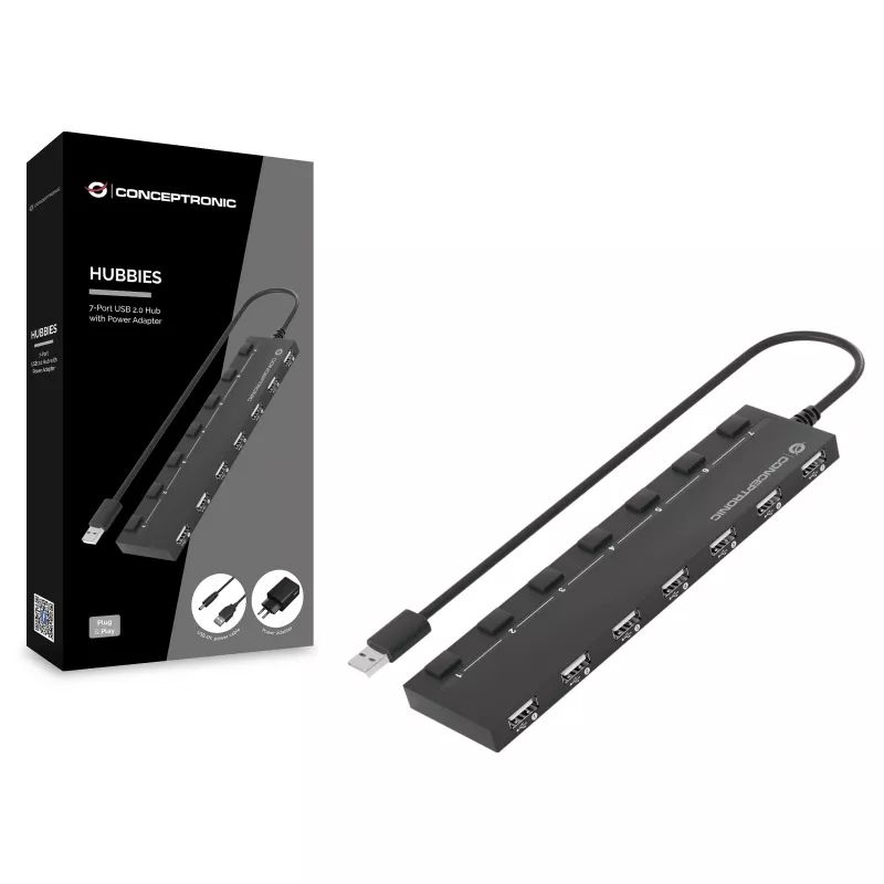 Conceptronic 7-porttinen USB 2.0 -keskitin verkkolaitteella - musta (HUBBIES08BP)