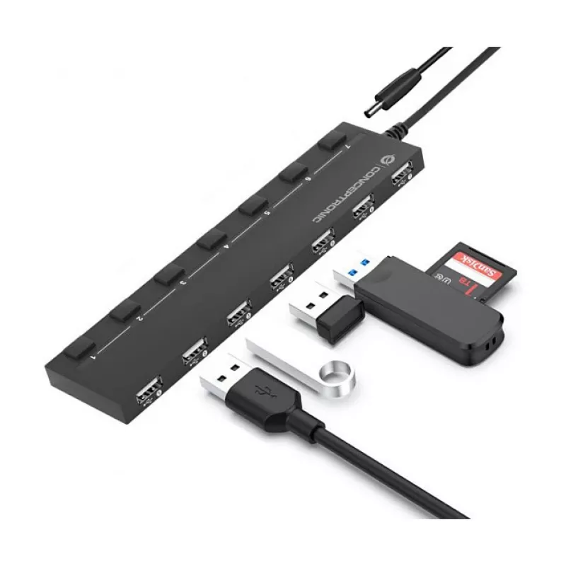 Conceptronic 7-porttinen USB 2.0 -keskitin verkkolaitteella - musta (HUBBIES08BP)