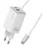 USAMS JC Series CC266 65W GaN-pikalaturi 2xUSB-C 1xUSB-A integroidulla USB-C-kaapelilla 1,5 m valkoinen