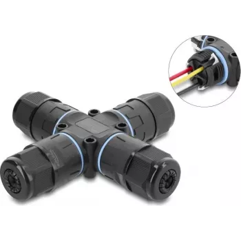 Delock X-muotoinen kaapeliliitin ruuviliittimellä 3-napainen, IP68 vesitiivis kaapelin halkaisijalle 5 - 9 mm, sis. tiivisteet 9 - 12 mm, työkaluton musta (87247)