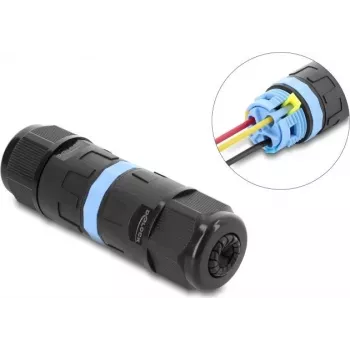 Delock inline-kaapeliliitin 3 pin, IP68 vesitiivis, puristusliitäntä, työkaluton, kaapelin halkaisijalle 5-9 mm, sis. tiivisteet 9-12 mm, musta (87243)