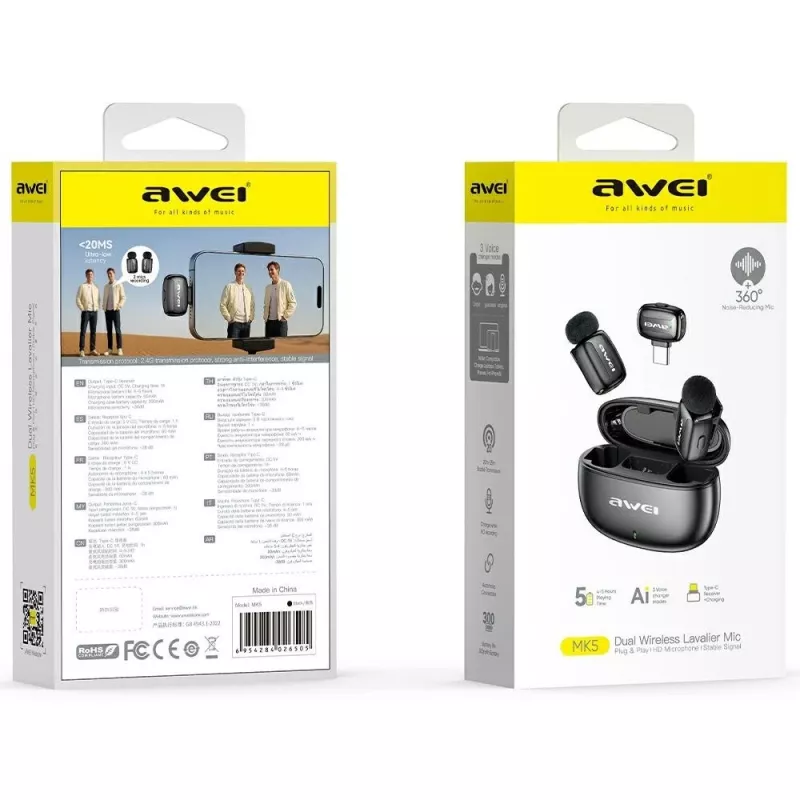 AWEI MK5 Duo Ai-Voice Black Wireless Lavalier -mikrofoni