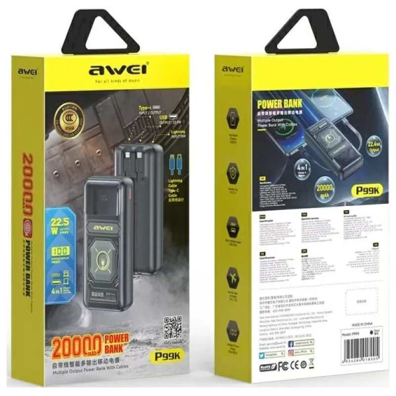 AWEI PowerBank P99K 20000mAh 22,5W musta