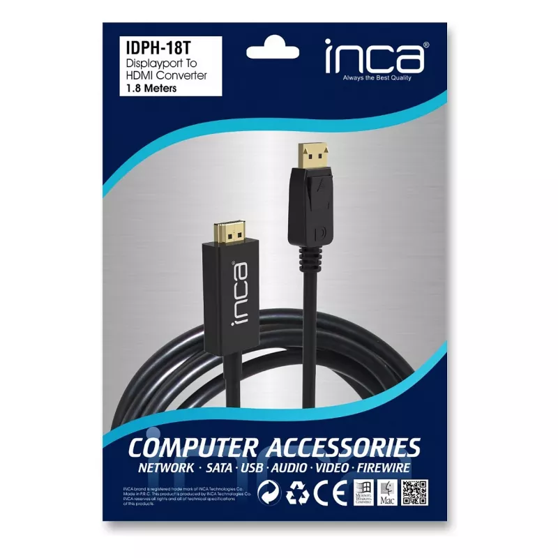 INCA DisplayPort - HDMI -kaapeli 1,8 m 10,2 Gbit/s musta