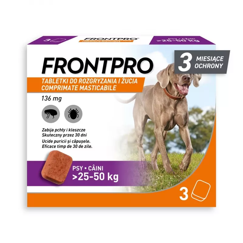 FRONTPRO kirppu- ja punkkitabletit koirille (25-50 kg) - 3x 136 mg Afoxolaner purutabletit