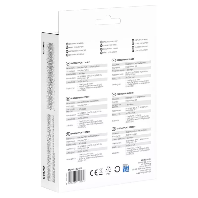 SAVIO CL-209 DisplayPort 2.1 kaapeli 1m musta