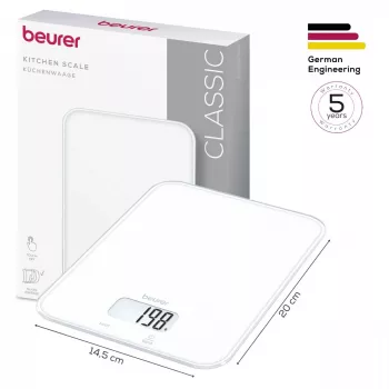 Beurer KS 19 Pure White digitaalinen keittiövaaka kosketusanturipainikkeilla, 5 kg kapasiteetti, 1 g jako, tara-toiminto, LCD-näyttö