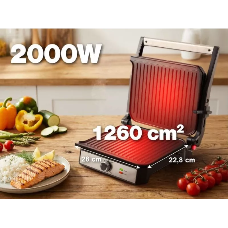 ELDOM GK200 GRILO kontaktigrilli 2000W säädettävällä termostaatilla, tarttumattomat levyt, musta/hopea