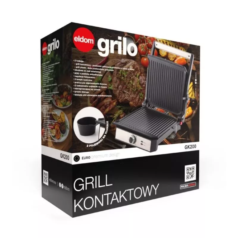 ELDOM GK200 GRILO kontaktigrilli 2000W säädettävällä termostaatilla, tarttumattomat levyt, musta/hopea