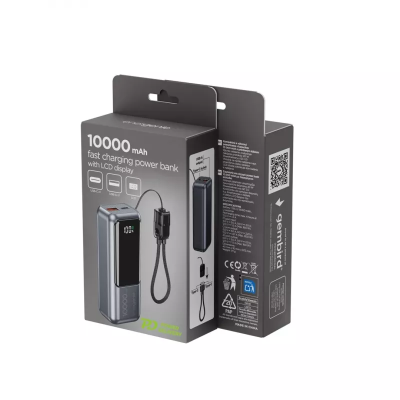 Gembird PB10-PD20-LCD-02 kompakti pikalatausvaravirtalähde LCD-näytöllä, 20W, 10000 mAh, Space Grey