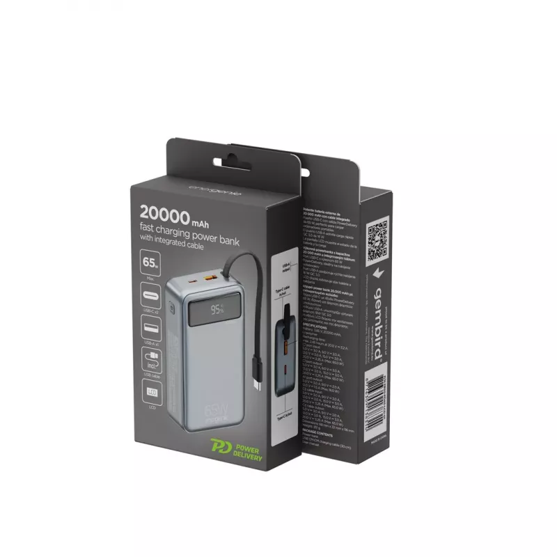 Gembird PB20-PD65-LCD-01 pikalatausvaravirtalähde integroiduilla kaapeleilla, 65W, 20000 mAh, musta