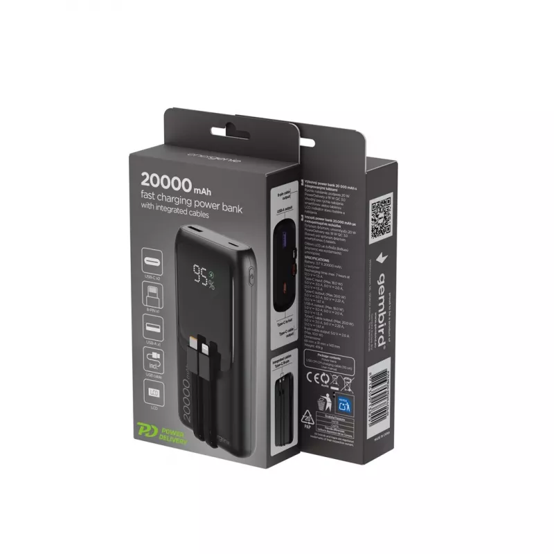 Gembird PB20-PD20-LCD-01 pikalatausvaravirtalähde integroiduilla kaapeleilla, 20 W, 20000 mAh, musta