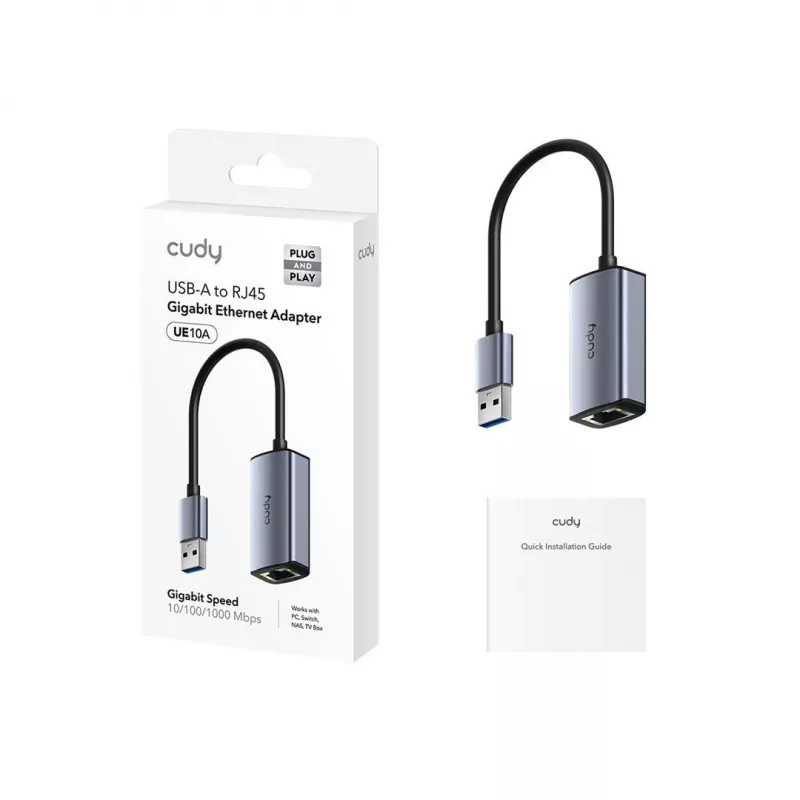 CUDY UE10A USB-A - Ethernet-sovitin - Gigabit RJ45 verkkosovitin