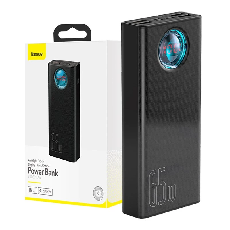 Baseus Amblight varavirtalähde 30000mAh, 4xUSB, USB-C, 65W, musta
