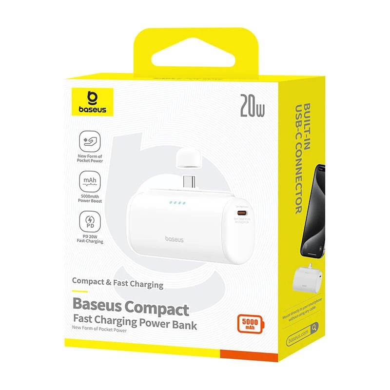 Baseus Compact 5000mAh 20W USB-C varavirtalähde valkoinen
