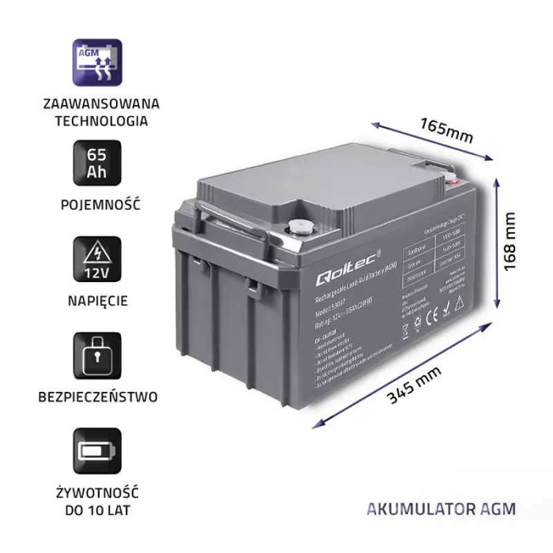 Qoltec 53037 AGM-akku 12V 65Ah max 780A