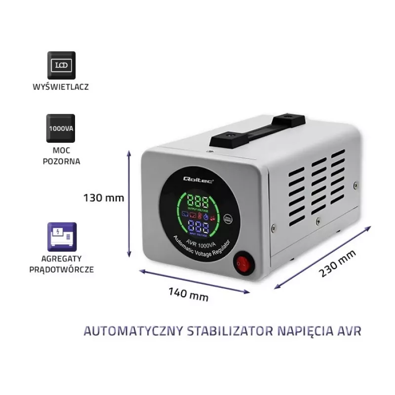 Qoltec 50723 automaattinen jännitteenstabilisaattori AVR 1000VA