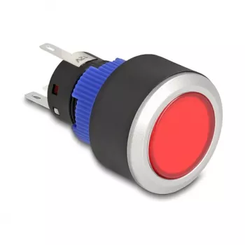 Delock 22 mm asennettava painonappikytkin, litteä, punainen LED, juotosliitännät, 1 NO, 230 V AC/DC